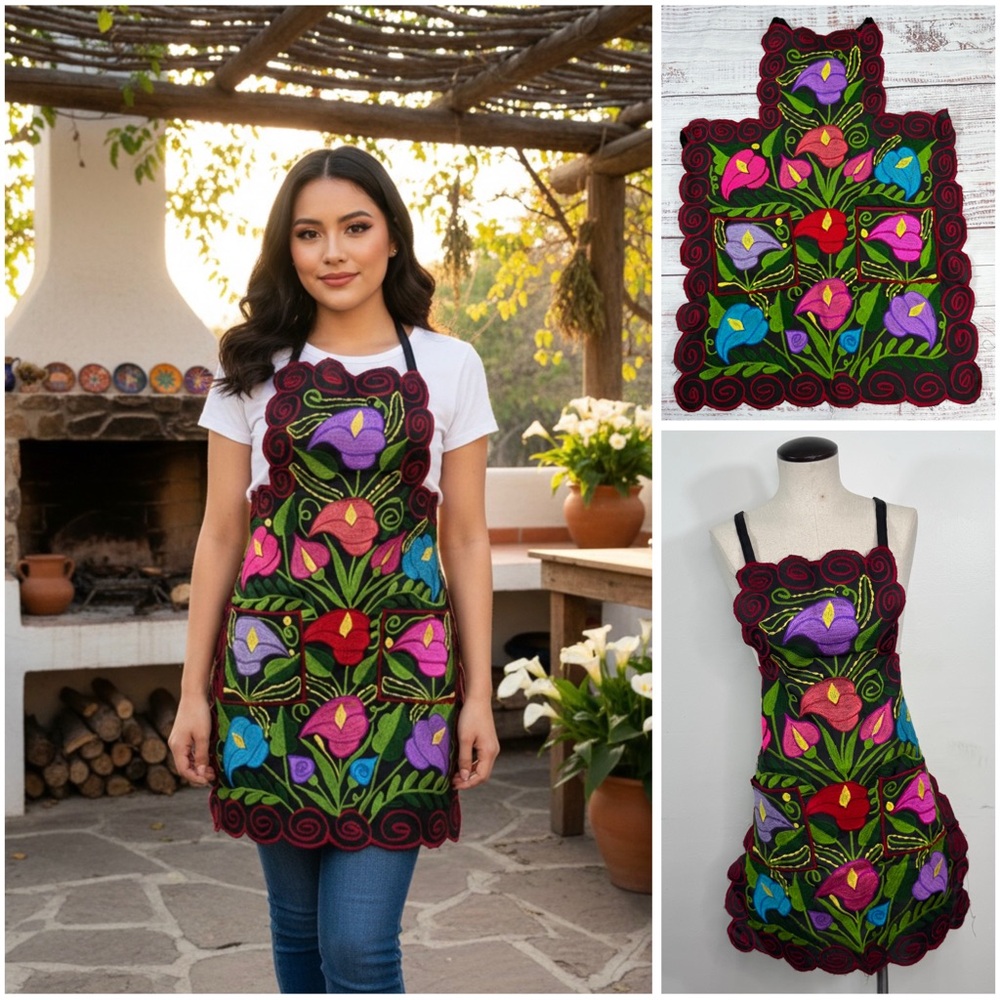 Mexican Embroidered Colorful Floral Calla Lily Zinacantan Artisan Apron
